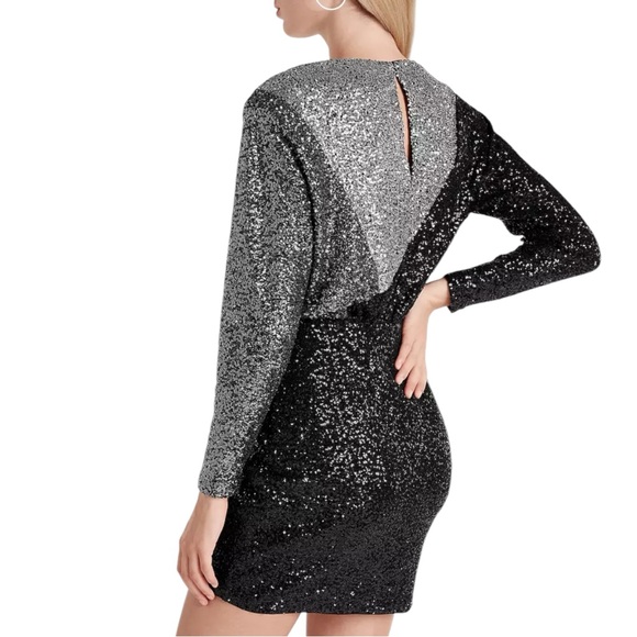 NWT EXPRESS Sequin Mini Dress Dolman Sleeves Strong Shoulder Colorblock Women’s - Picture 2 of 11